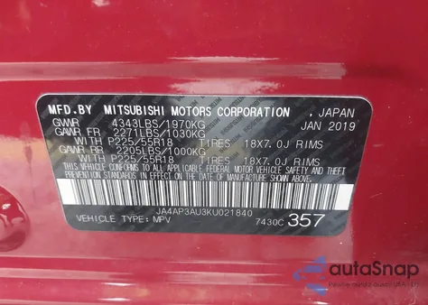 2019 Mitsubishi Outlander Sport 2.0 Es/2.0 Le/2.0 Sp from USA, damaged, VIN JA4AP3AU3KU021840